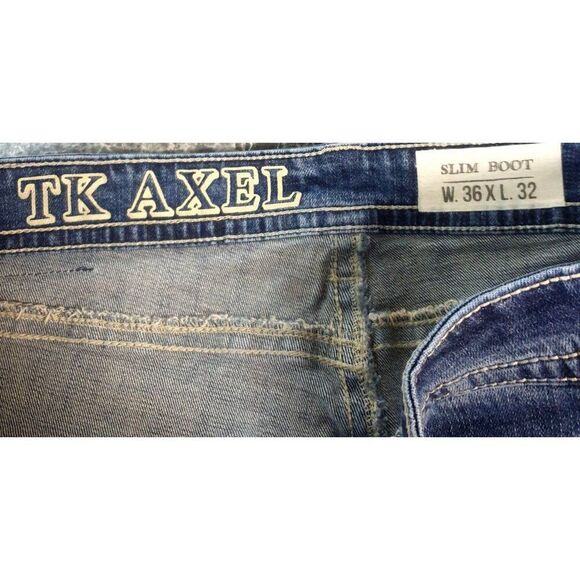 TK Axel Mens Slim Boot Jeans 36x32 Blue Denim Embroidered Pockets Preppy Clean - Picture 5 of 8